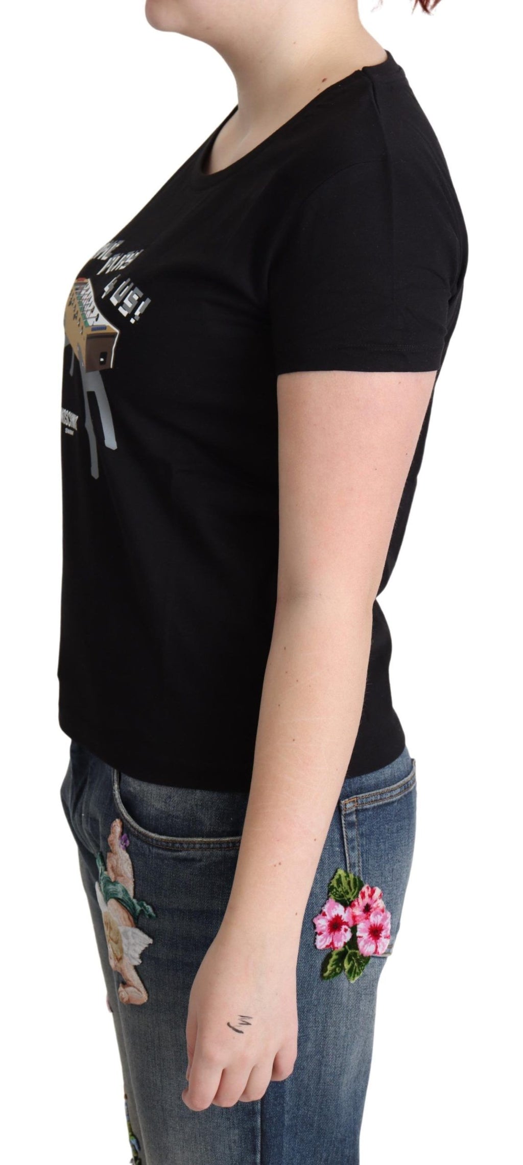 Moschino Black Cotton Come Play 4 Us Print Tops T-shirt
