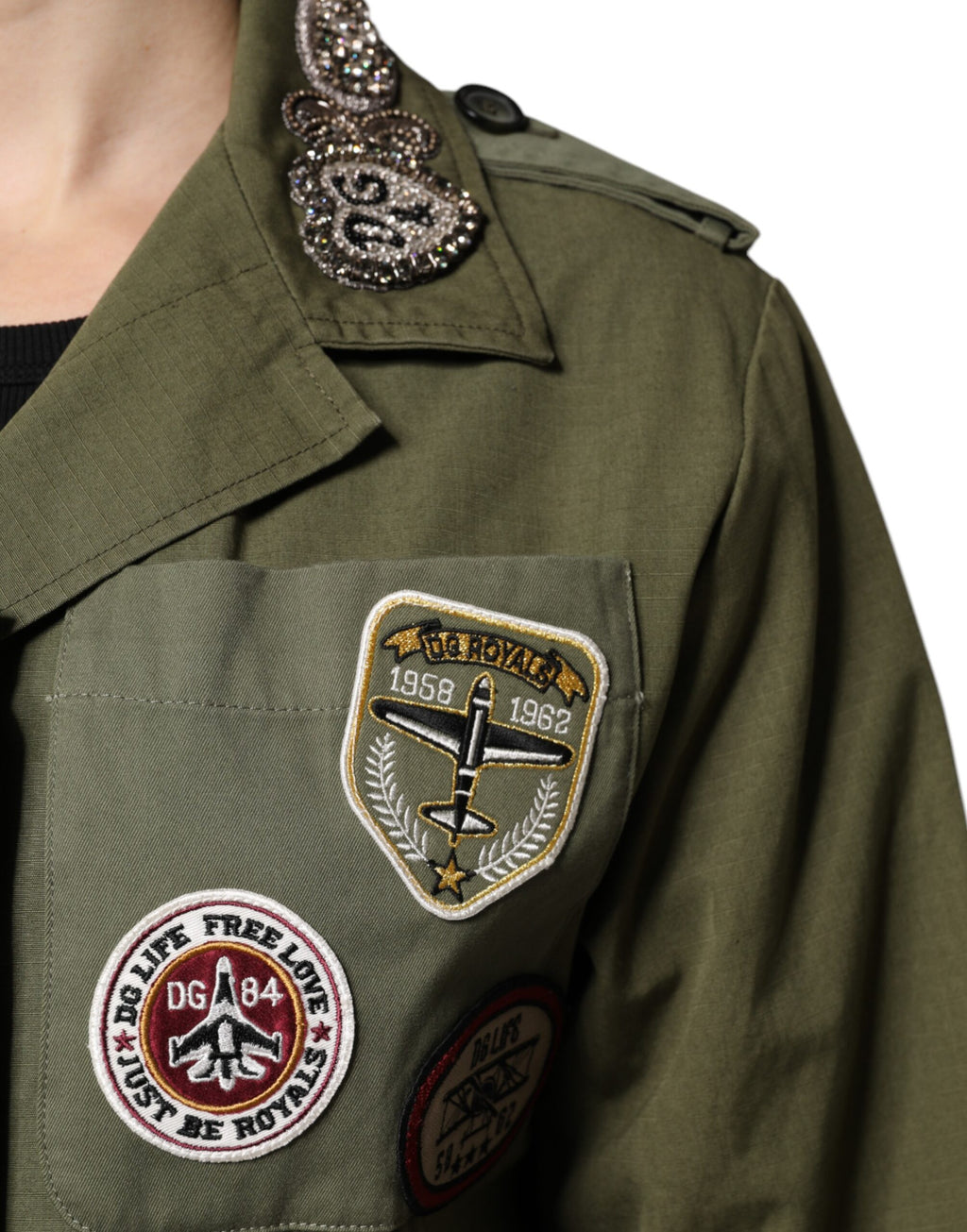 Dolce & Gabbana Military Green Queen Embellished Coat Jacket